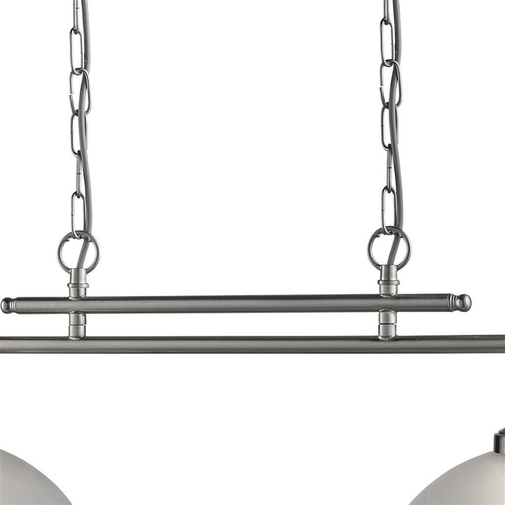 Lampa wisząca Bistro 2-punktowa w kolorze satynowego srebra, z metalową konstrukcją i podwieszonymi kloszami. Widok z góry, ukazujący łańcuchy mocujące oraz prostą, elegancką linię designu. Idealna do nowoczesnych wnętrz.