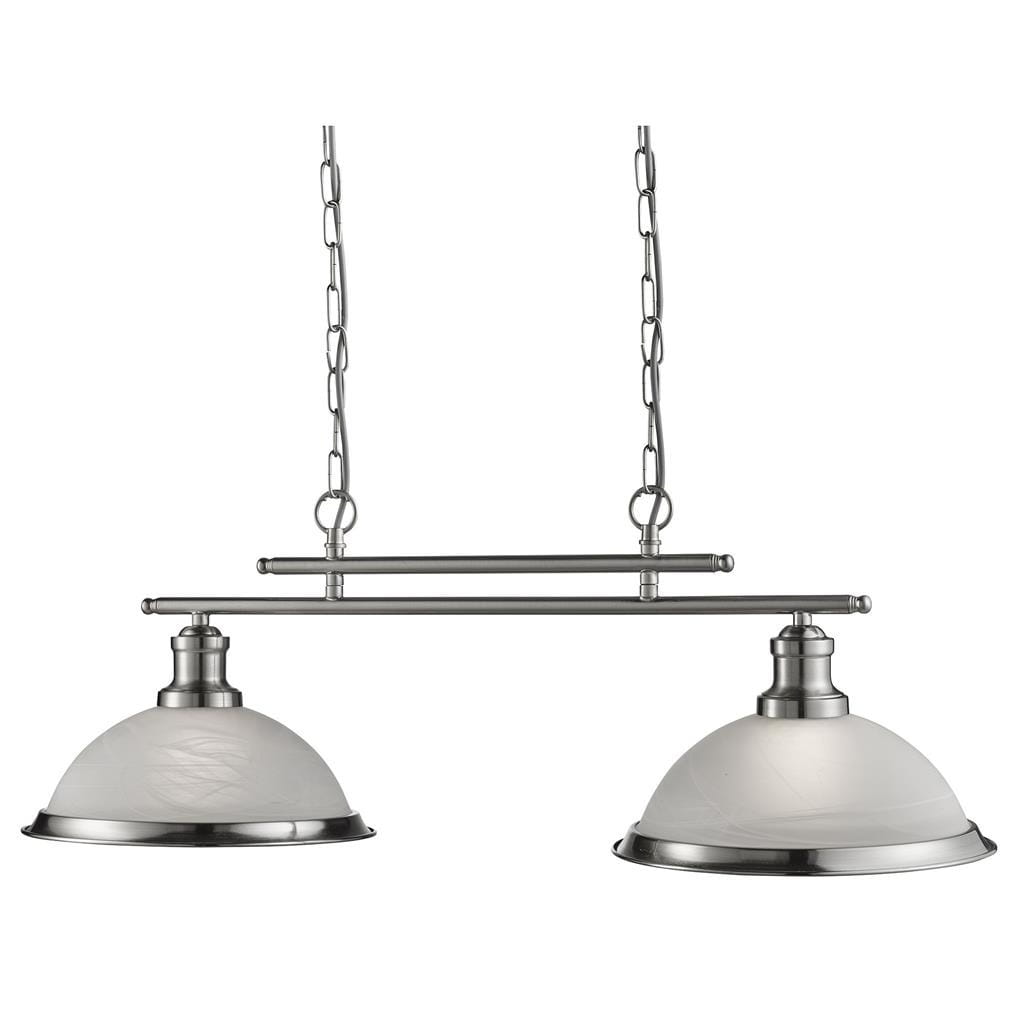 Bistro lampa wisząca 2-punktowa w satynowym srebrze z dwoma kloszami z mlecznego szkła, zawieszona na łańcuchach. Klosze mają okrągły kształt, a metalowa konstrukcja nadaje nowoczesny wygląd. Idealna do jadalni lub kuchni.