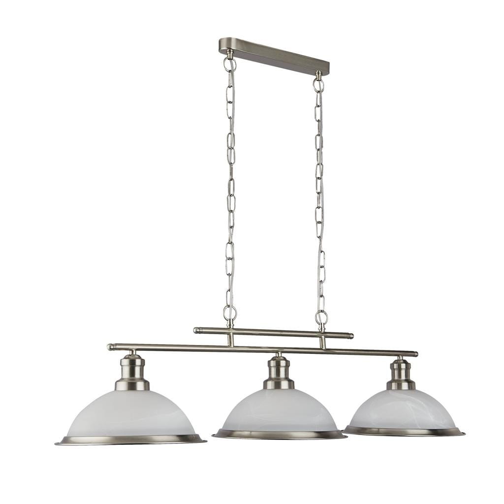 Lampa wisząca Bistro 3-punktowa w satynowym srebrze, z trzema kloszami w kształcie miski z mlecznego szkła. Utrzymana na metalowej ramie z łańcuchem, zawieszona na podłużnym mocowaniu. Idealna do nowoczesnych wnętrz.