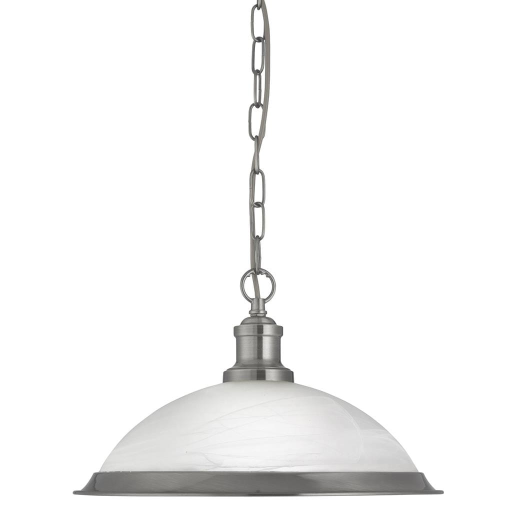 Lampa wisząca Bistro 1-punktowa w satynowym srebrze z białym szklanym kloszem. Produkt zawieszony na łańcuszku, z okrągłą podstawą. Klosz o półkolistym kształcie, zapewniający równomierne oświetlenie.