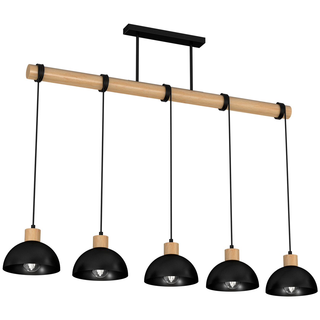 Lampa wisząca Erik 5-punktowa z czarnymi kloszami i naturalnym drewnianym elementem. Ułożona poziomo, zawieszona na czarnych przewodach, z pięcioma lampami w równych odstępach. Klosze mają zaokrąglony kształt i metaliczny wykończenie.