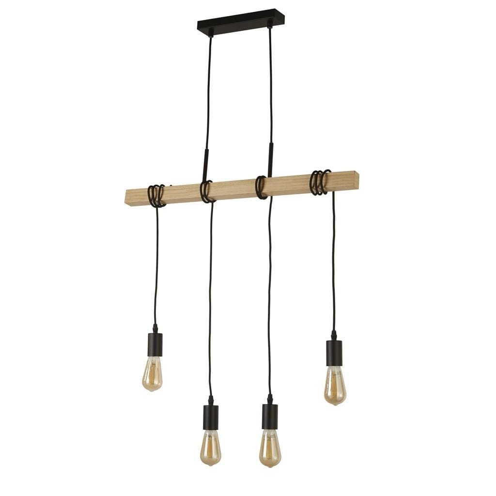 Lampa wisząca Woody 4-punktowa z jasnego drewna i czarnymi detalami. Posiada cztery przezroczyste żarówki zawieszone na czarnych linkach, zamontowana na prostokątnej podstawie. Idealna do nowoczesnych przestrzeni.