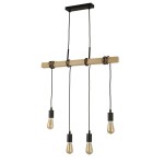 Lampa wisząca Woody 4-punktowa z jasnego drewna i czarnymi detalami. Posiada cztery przezroczyste żarówki zawieszone na czarnych linkach, zamontowana na prostokątnej podstawie. Idealna do nowoczesnych przestrzeni.