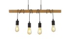 Lampa wisząca Woody 4-punktowa z jasnego drewna, z czterema żarówkami w czarnych oprawach. Produkt zawieszony na cienkich przewodach, w formie poziomego rdzenia. Idealna do nowoczesnych wnętrz.
