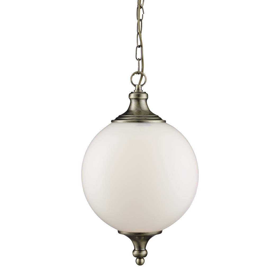 Lampa wisząca Vulcan 1-punktowa w kolorze antycznego mosiądzu z mlecznym okrągłym kloszem. Produkt zawieszony na łańcuszku, z dekoracyjnym elementem u dołu. Stylowa, elegancka forma, idealna do wnętrz.