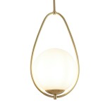Lampa wisząca Avalon 1-punktowa w kolorze złotym, z okrągłym, białym kloszem. Produkt zawieszony w formie kropli, z metalową ramą. Klosz umieszczony u dołu, umiejscowiona w centralnej części wnętrza.