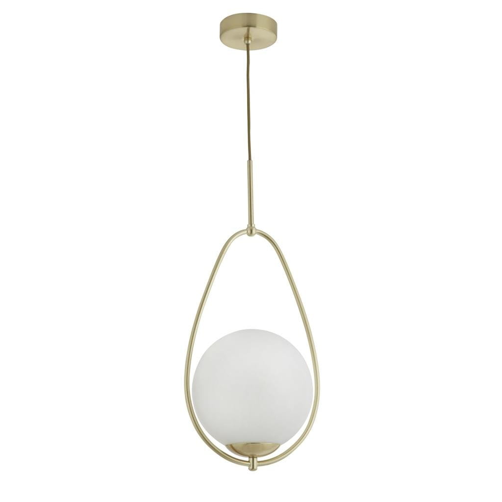 Lampa wisząca Avalon 1-punktowa w kolorze złotym z białym, okrągłym kloszem. Produkt zawieszony na cienkim łańcuszku, z minimalistyczną, metalową konstrukcją w kształcie łzy. Idealna do nowoczesnych wnętrz.