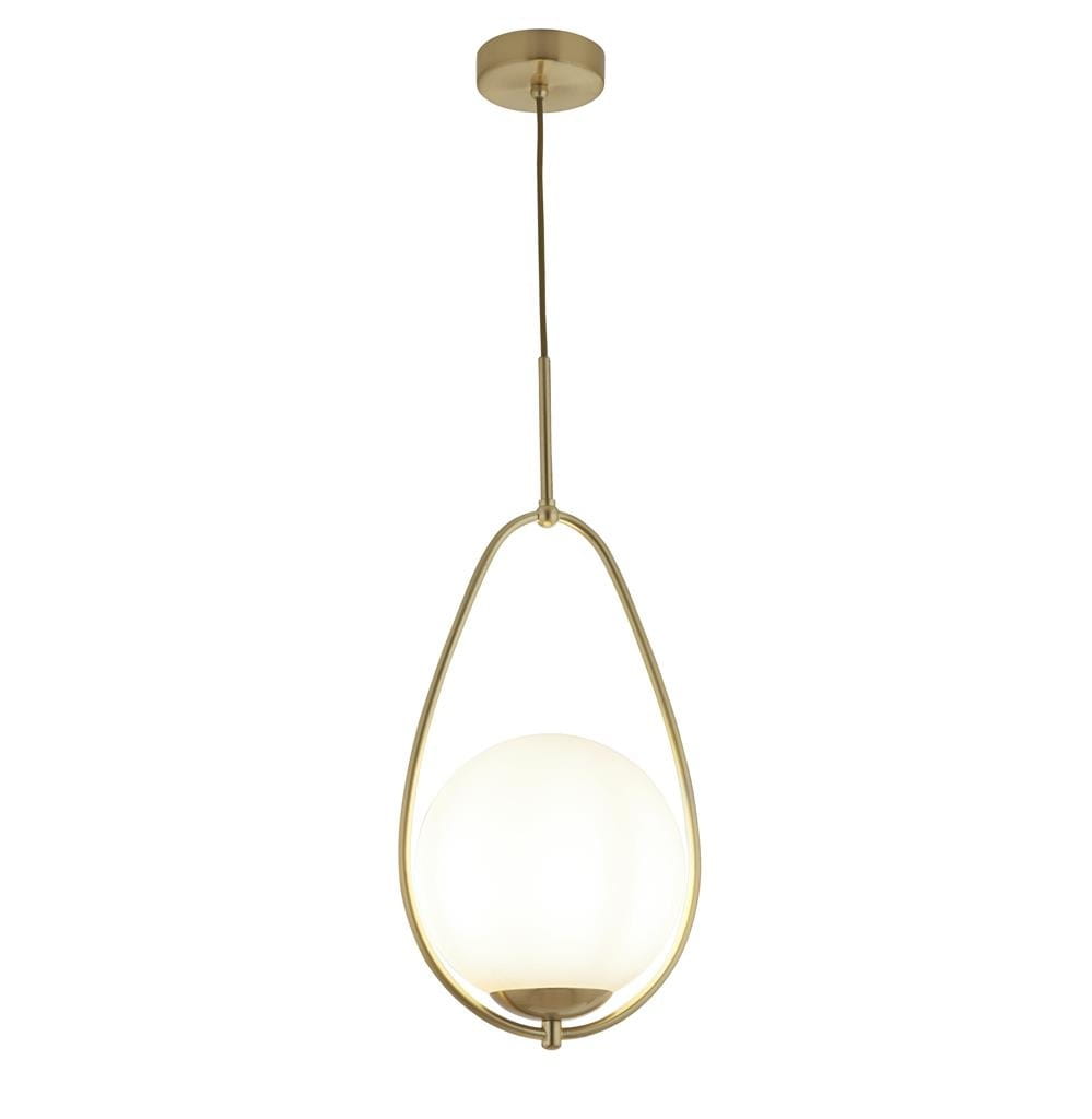 Lampa wisząca Avalon 1-punktowa w złotym kolorze, z przezroczystą kulą z białego szkła, zawieszona na cienkim, złotym przewodzie. Kształt lampy przypomina kroplę, podkreślający elegancki design. Prosta konstrukcja z okrągłym mocowaniem sufitowym.