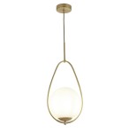 Lampa wisząca Avalon 1-punktowa w złotym kolorze, z przezroczystą kulą z białego szkła, zawieszona na cienkim, złotym przewodzie. Kształt lampy przypomina kroplę, podkreślający elegancki design. Prosta konstrukcja z okrągłym mocowaniem sufitowym.