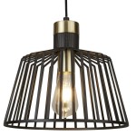 Czarna lampa wisząca Bird Cage 1-punktowa z metalowym kloszem w formie siatki, w kolorze czarnym z mosiężnymi detalami. Widoczna żarówka w środku, zawieszona na cienkim kablu. Idealna do nowoczesnych wnętrz.