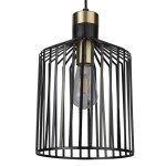 Lampa wisząca Bird Cage w kolorze czarnym, 1-punktowa. Metalowa, z otwartą konstrukcją w formie klatki, z widoczną żarówką i złotym uchwytem. Zawieszona na czarnym kablu, idealna do nowoczesnych wnętrz.