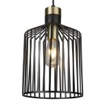 Czarna lampa wisząca Bird Cage z metalową klatką, z widoczną żarówką, zawieszona na cienkim przewodzie. Klatka ma prostokątne pręty, a u góry znajduje się złoty uchwyt. Produkt o nowoczesnym designie, idealny do różnych aranżacji wnętrz.