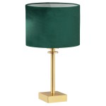 Lampka stołowa Abbano w kolorze zielonym, z welurowym kloszem i złotą metalową podstawą. Ujęcie frontalne, ukazujące elegancki kształt oraz detale konstrukcji. Idealna do nowoczesnych aranżacji wnętrz.