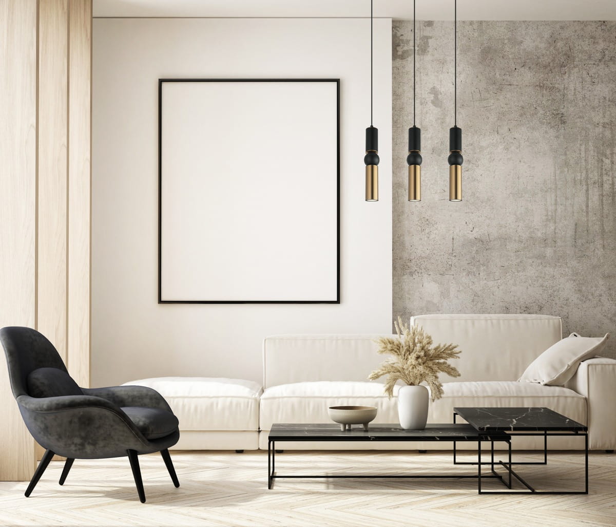 Lampa wisząca Isidora 3-punktowa w kolorze czarnym i brązowym antycznym, zawieszona na długich przewodach. Stylowe, cylindryczne klosze z metalicznymi akcentami, umieszczone nad nowoczesnym wnętrzem z kanapą i stolikiem kawowym.