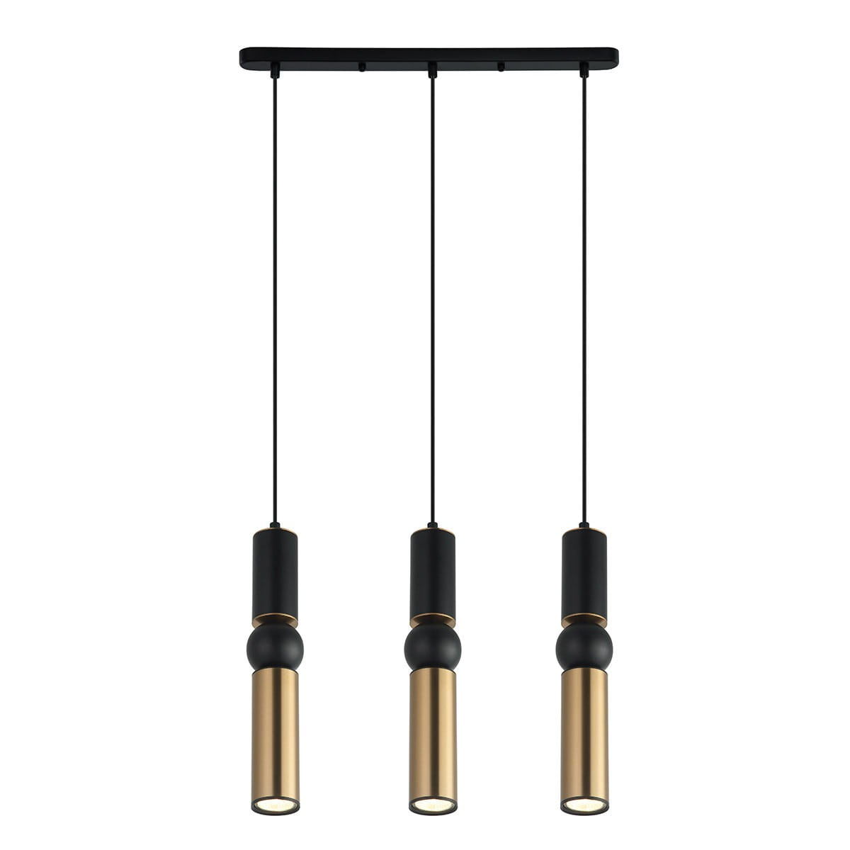 Lampa wisząca Isidora w kolorze czarnym i brązowym antycznym, z trzema punktami świetlnymi. Cylindryczne klosze z czarnymi i metalicznymi elementami, zawieszone na cienkich linkach. Ułożona w pozycji wiszącej, montowana na prostokątnej podsufitce.