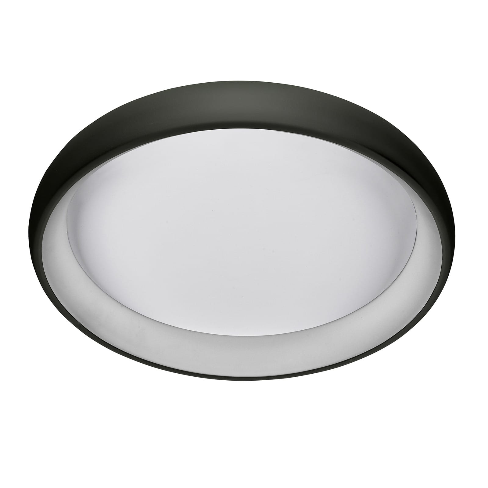 Plafon Alessia D41 LED w kolorze czarnym, o okrągłym kształcie, z białym kloszem. Wysoka moc 4000K, zamontowany na suficie, widok z góry. Minimalistyczny design, idealny do nowoczesnych wnętrz.