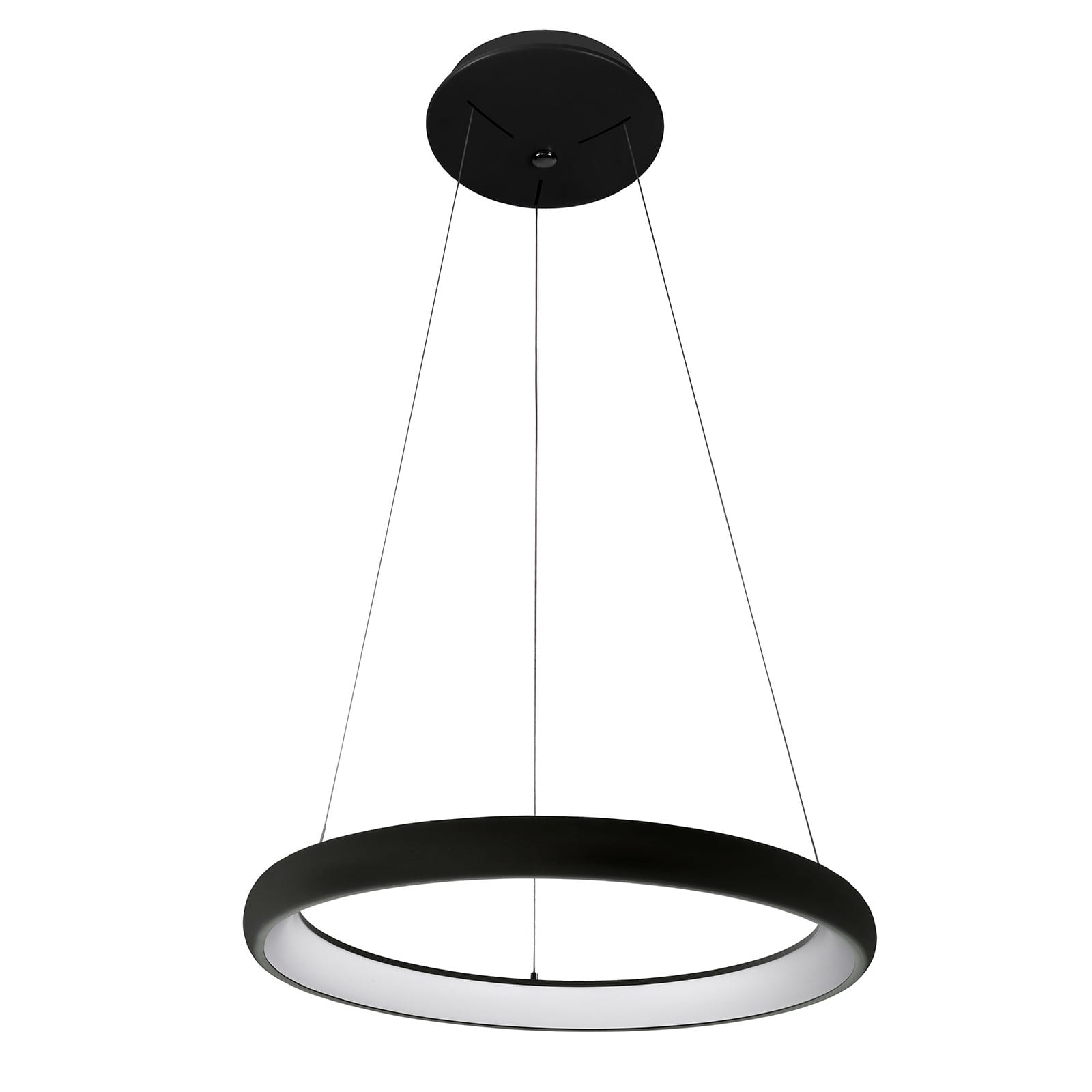 Lampa wisząca Alessia D51 LED w kolorze czarnym, z okrągłym, matowym abażurem oraz białym źródłem światła. Zawieszona na cienkich linkach, z okrągłą podstawą montażową. Oświetlenie o temperaturze barwowej 4000K.