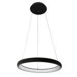 Lampa wisząca Alessia D51 LED w kolorze czarnym, z okrągłym, matowym abażurem oraz białym źródłem światła. Zawieszona na cienkich linkach, z okrągłą podstawą montażową. Oświetlenie o temperaturze barwowej 4000K.