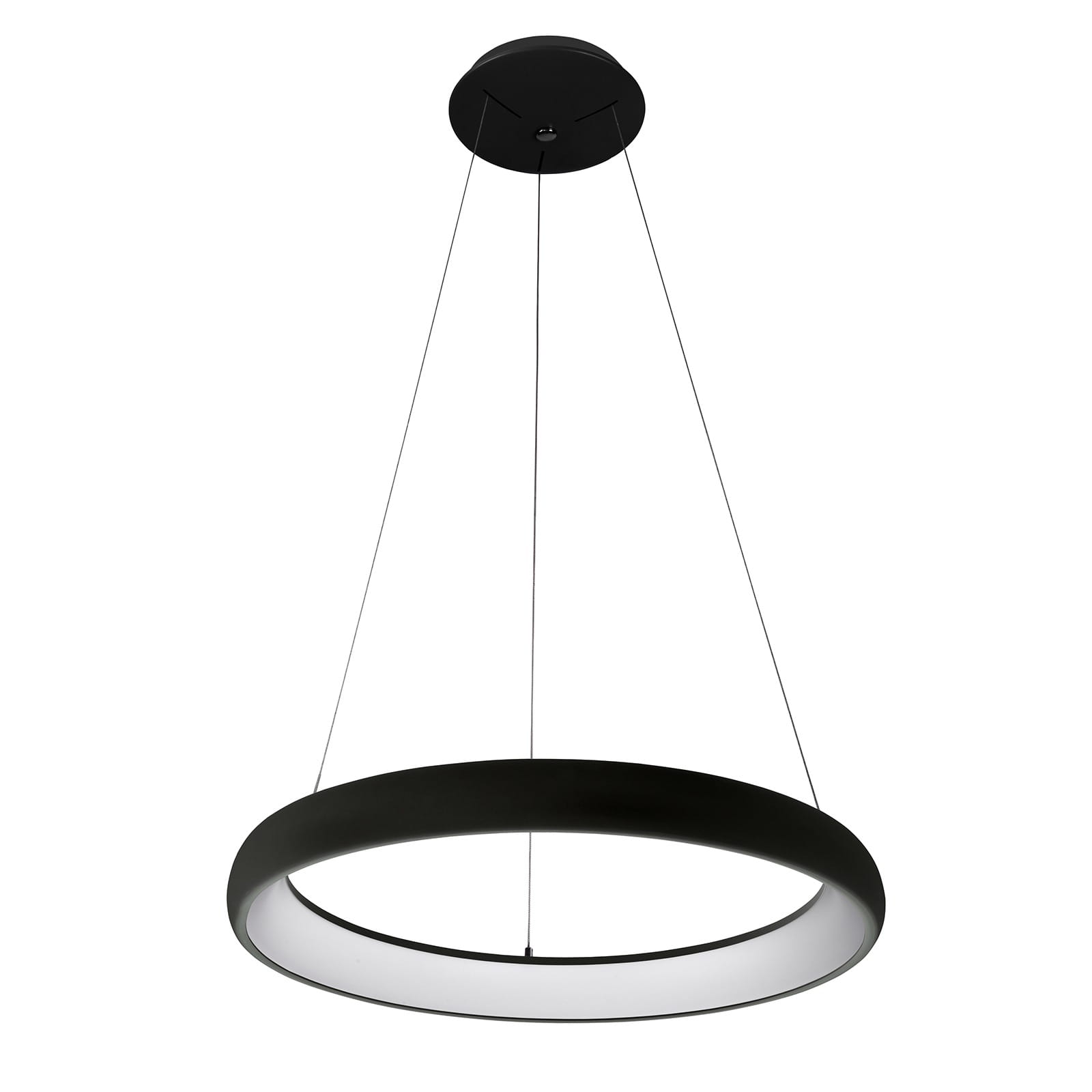 Czarna lampa wisząca Alessia D61 LED 4000K, 1-punktowa, w kształcie okręgu. Zawieszona na cienkich linkach, z białym kryciem w dolnej części. Prosta konstrukcja, idealna do nowoczesnych wnętrz, na jednolitym tle.