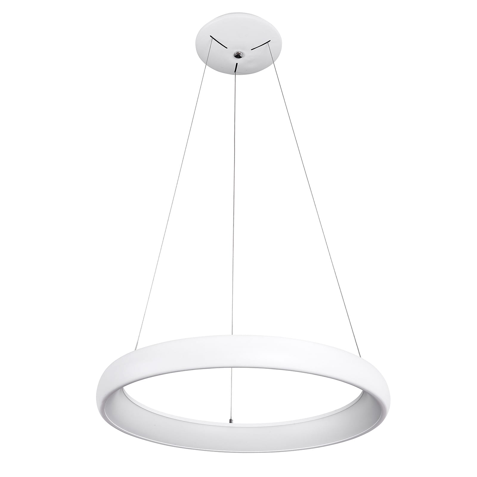 Biała lampa wisząca Alessia D61 LED 4000K, o okrągłym kształcie, zawieszona na cienkich linkach. Lampa ma minimalistyczny design, z matowym wykończeniem, idealna do nowoczesnych wnętrz.
