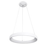 Biała lampa wisząca Alessia D61 LED 4000K, o okrągłym kształcie, zawieszona na cienkich linkach. Lampa ma minimalistyczny design, z matowym wykończeniem, idealna do nowoczesnych wnętrz.