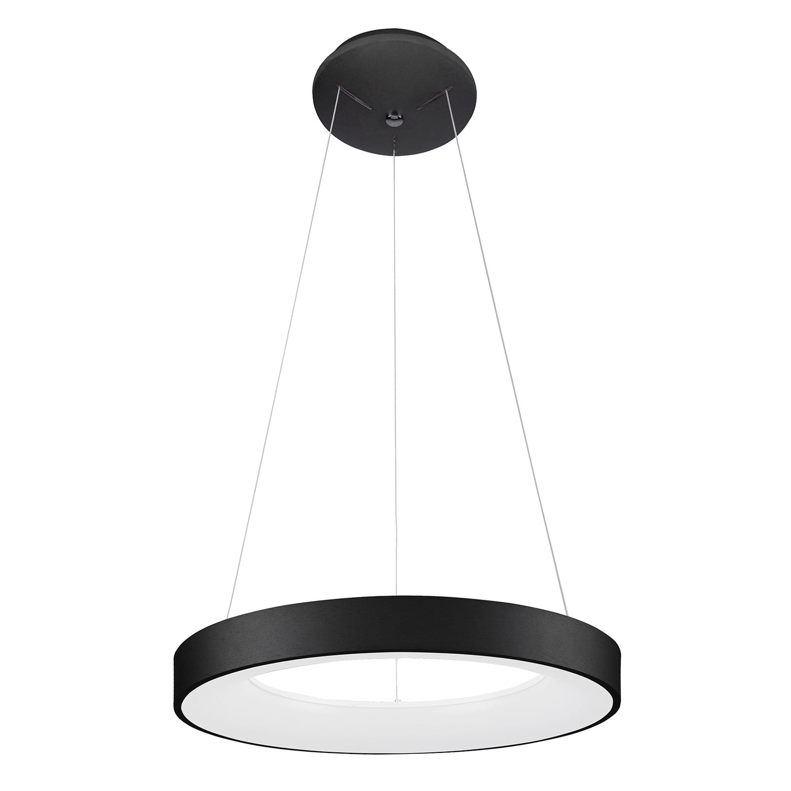 Czarna lampa wisząca Giulia D48 LED 4000K z okrągłym kloszem, zawieszona na cienkich linkach. Klosz ma matowe wykończenie i emituje neutralne światło. Widok z boku, z góry widać mocowanie do sufitu.