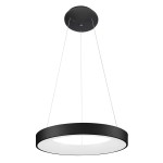 Czarna lampa wisząca Giulia D48 LED 4000K z okrągłym kloszem, zawieszona na cienkich linkach. Klosz ma matowe wykończenie i emituje neutralne światło. Widok z boku, z góry widać mocowanie do sufitu.