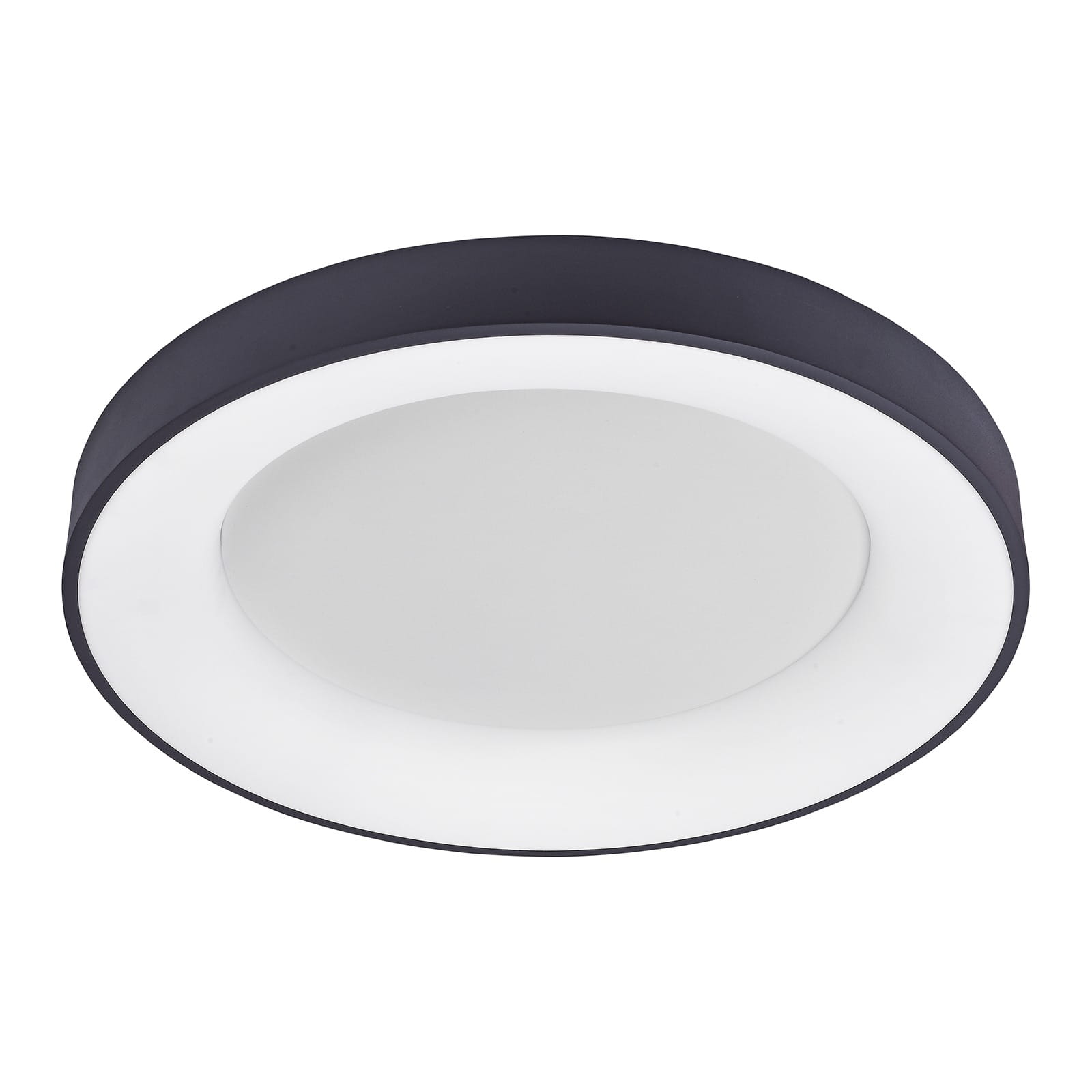 Czarny plafon Giulia D60 LED 4000K z okrągłym, białym kloszem. Elementy metalowe w matowym wykończeniu, zamontowany w stropie. Prosty design idealny do nowoczesnych wnętrz. Widoczny z góry.