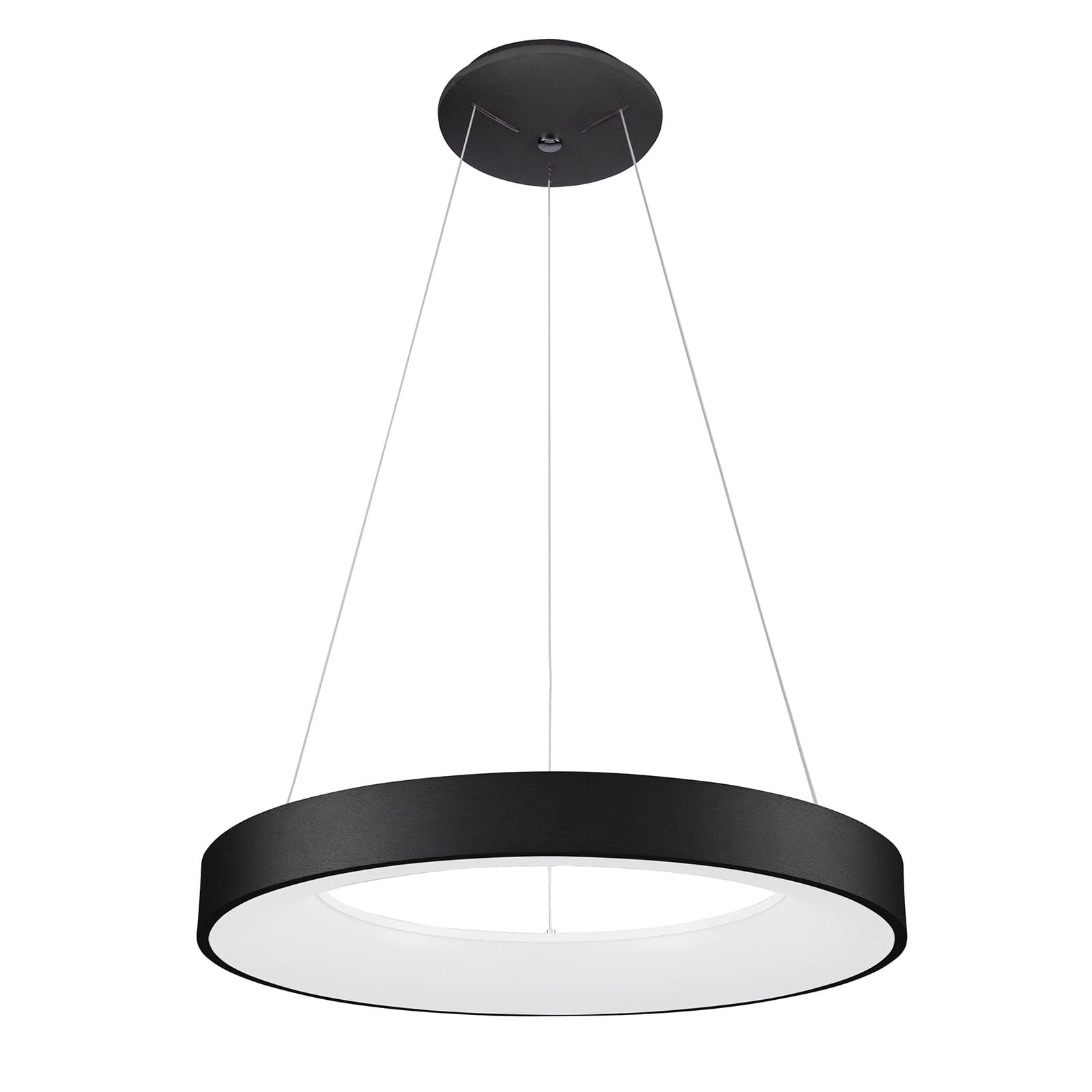 Czarna lampa wisząca Giulia D60 LED z okrągłym kloszem, zawieszona na dwóch cienkich linkach. Emituje światło o temperaturze 4000K. Prosty, nowoczesny design. Klasyczny, minimalistyczny wygląd, idealna do różnych wnętrz.