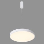 Biała lampa wisząca Orbital D60 LED 4000K z okrągłym kloszem. Produkt zawieszony na cienkim przewodzie, z cylindrycznym mocowaniem. Prosty, nowoczesny design, idealny do różnych wnętrz. Tło w szarym kolorze.