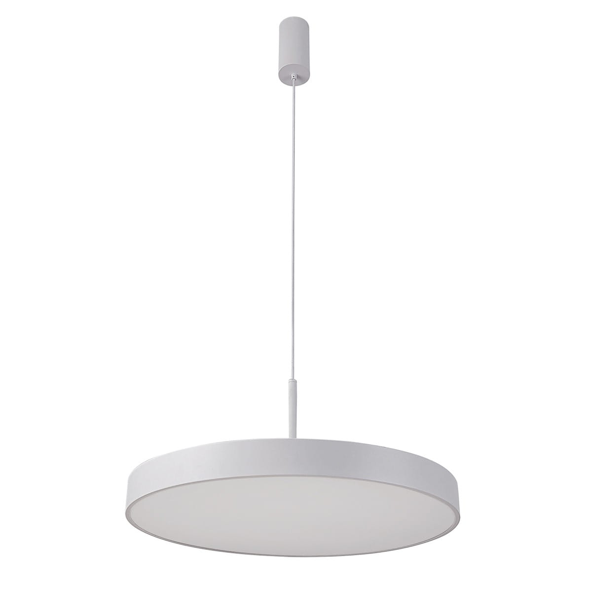 Lampa wisząca Orbital D60 LED 4000K w kolorze białym, o okrągłym kształcie z matowym kloszem. Zawieszona na cienkim przewodzie, prezentuje minimalistyczny design. Widoczny uchwyt montażowy w górnej części.
