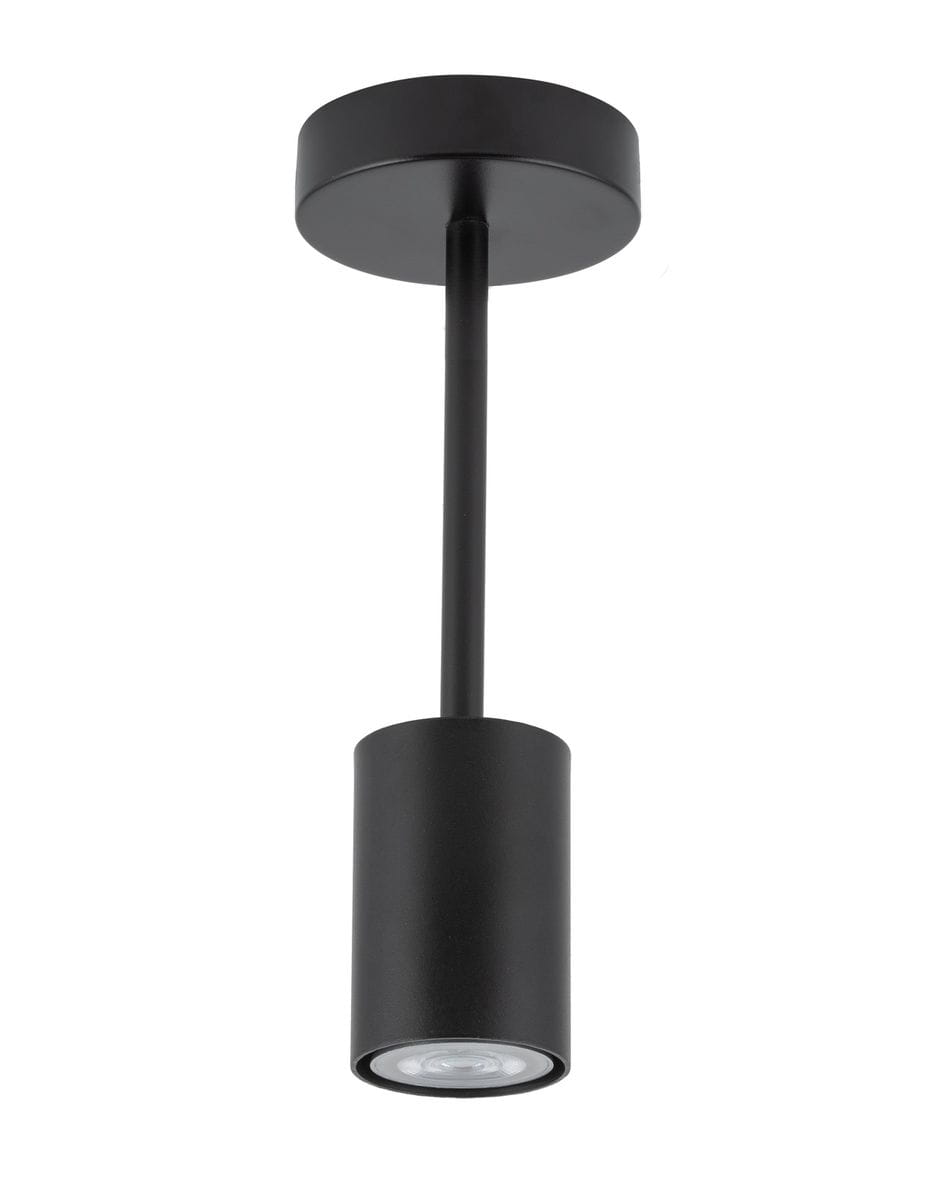Czarna lampa sufitowa 1-punktowa Luis z okrągłym, płaskim mocowaniem oraz cylindrycznym kloszem. Produkt zawieszony pionowo, z widocznym źródłem światła na dole klosza. Prosty, nowoczesny design, idealny do różnych wnętrz.
