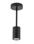 Czarna lampa sufitowa 1-punktowa Luis z okrągłym, płaskim mocowaniem oraz cylindrycznym kloszem. Produkt zawieszony pionowo, z widocznym źródłem światła na dole klosza. Prosty, nowoczesny design, idealny do różnych wnętrz.