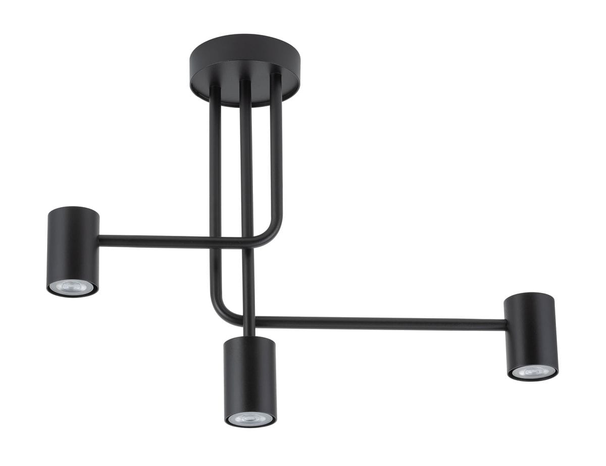 Lampa sufitowa Luis 3-punktowa w kolorze czarnym, z trzema cylindrycznymi źródłami światła umieszczonymi na prostych, metalowych ramionach. Montowana sufitowo, o minimalistycznym designie.