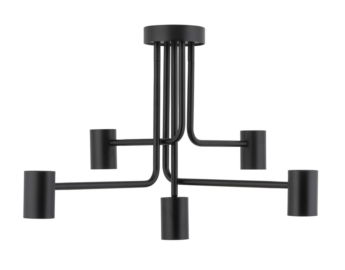 Lampa sufitowa Luis 5-punktowa w kolorze czarnym. Konstrukcja z metalowych rur w minimalistycznym stylu, z pięcioma cylindrycznymi oprawami na żarówki, zawieszona w centralnej części. Ujęcie frontalne, prezentujące detale i kształt.