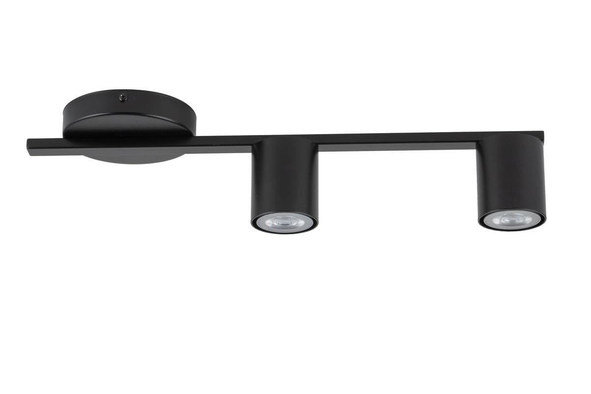 Czarna lampa sufitowa Sky z dwoma punktami świetlnymi, montowana na okrągłej podstawie. Prosta konstrukcja z poziomą belką, z cylindrycznymi kloszami w kolorze czarnym. Żarówki LED, nowoczesny design. Ujęcie z przodu, pokazujące detale lampy.