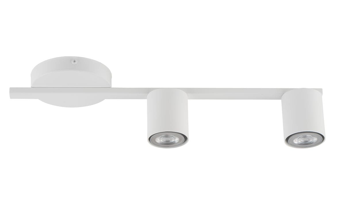 Lampa sufitowa Sky 2-punktowa w kolorze białym, z prostokątną belką oraz dwoma cylindrycznymi kloszami, zamontowana na okrągłej podstawie. Klosze są skierowane w dół, co umożliwia efektywne oświetlenie przestrzeni.