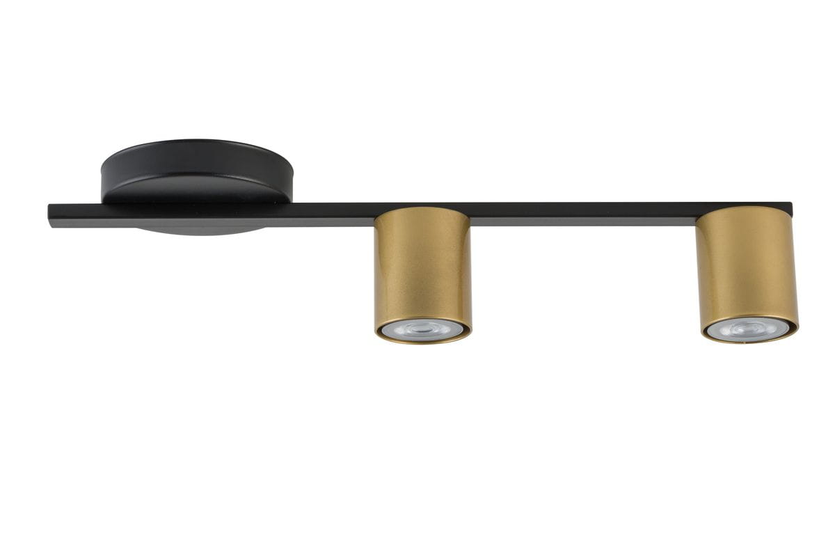 Lampa sufitowa Sky 2-punktowa w kolorze czarnym i złotym. Posiada dwa cylindryczne klosze z metalu w złotym kolorze, osadzone na prostokątnej czarnej ramie. Ujęcie frontalne, produkt zamontowany na suficie.