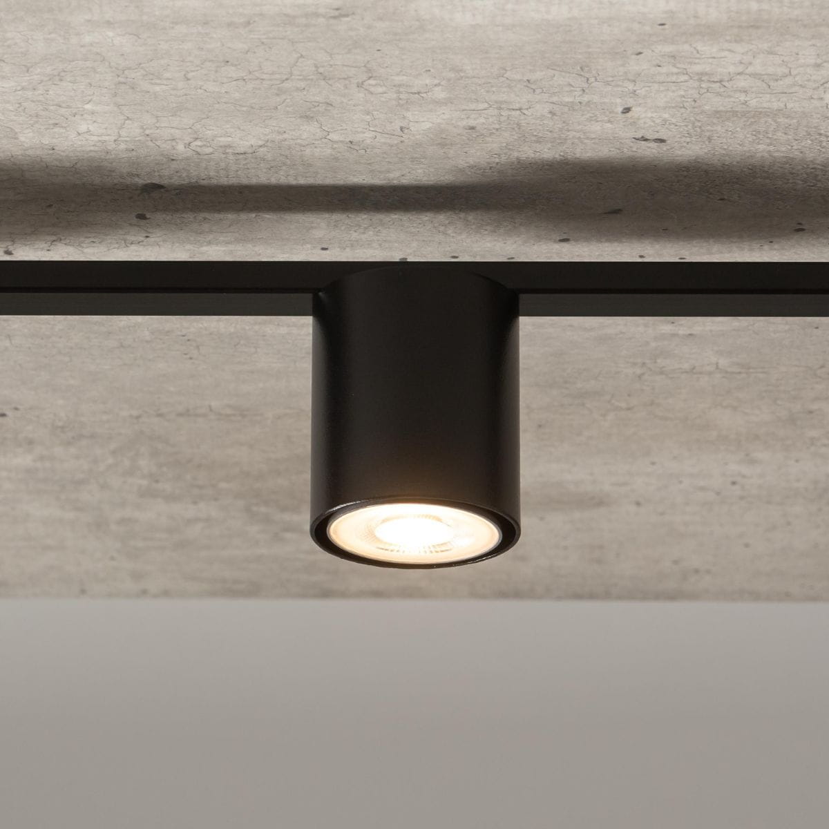 Lampa sufitowa Sky 3-punktowa w kolorze czarnym, z metalowym kloszem, montowana na suficie. Ujęcie z bliska na jeden z punktów świetlnych, z widocznym żarówkowym źródłem światła. Tło w neutralnym kolorze, podkreślającym minimalistyczny design.