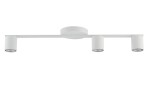 Biała lampa sufitowa 3-punktowa, z trzema cylindrycznymi punktami świetlnymi zamocowanymi na prostokątnej belce. Produkt montowany do sufitu, z gładką, matową powierzchnią. Ujęcie frontalne, ukazujące całą konstrukcję.