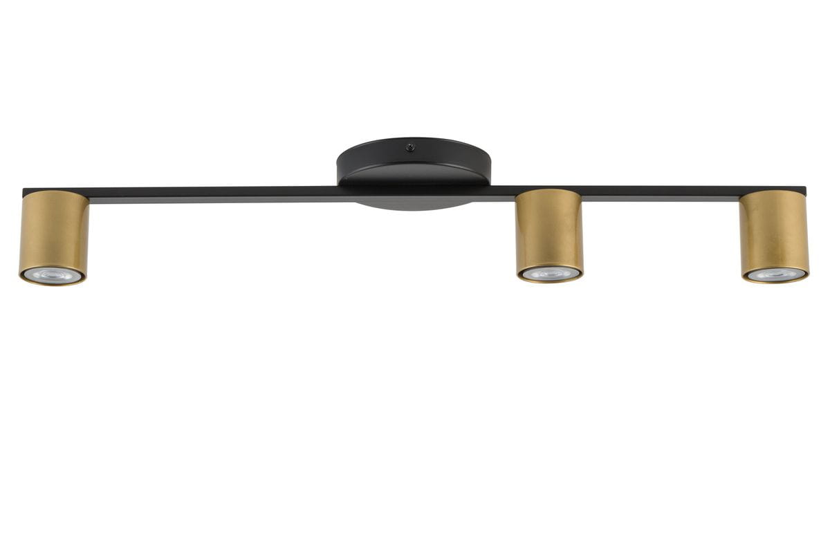 Lampa sufitowa Sky 3-punktowa w kolorze czarnym i złotym, z trzema cylindrycznymi kloszami. Ujęcie frontalne, z zamontowanym okrągłym mocowaniem. Wymiary i detale kloszy dobrze widoczne.