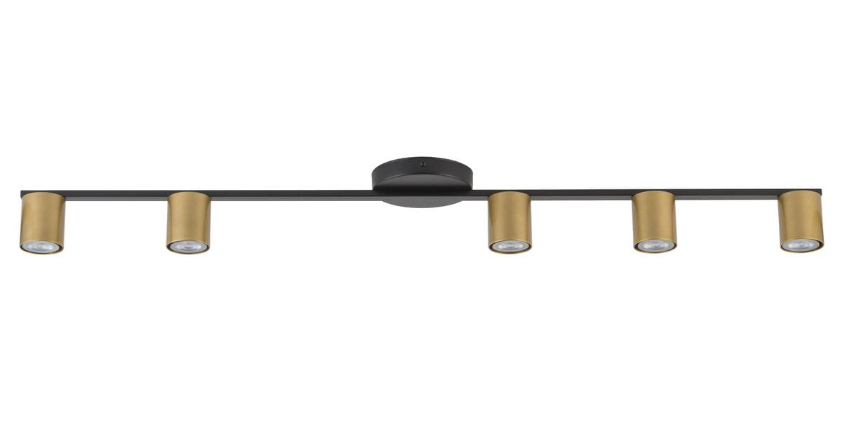 Lampa sufitowa Sky 5-punktowa w kolorze czarnym z złotymi detalami. Składa się z pięciu okrągłych opraw oświetleniowych zamontowanych na prostokątnej podstawie. Produkt widoczny z przodu, zawieszony na suficie.