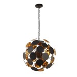 Lampa wisząca Discus 4-punktowa w kolorze czarnym, z dekoracyjnymi okrągłymi elementami, zawieszona na łańcuchu. Kształt sferyczny, złote detale wewnętrzne, stylowy design, idealna do nowoczesnych wnętrz.