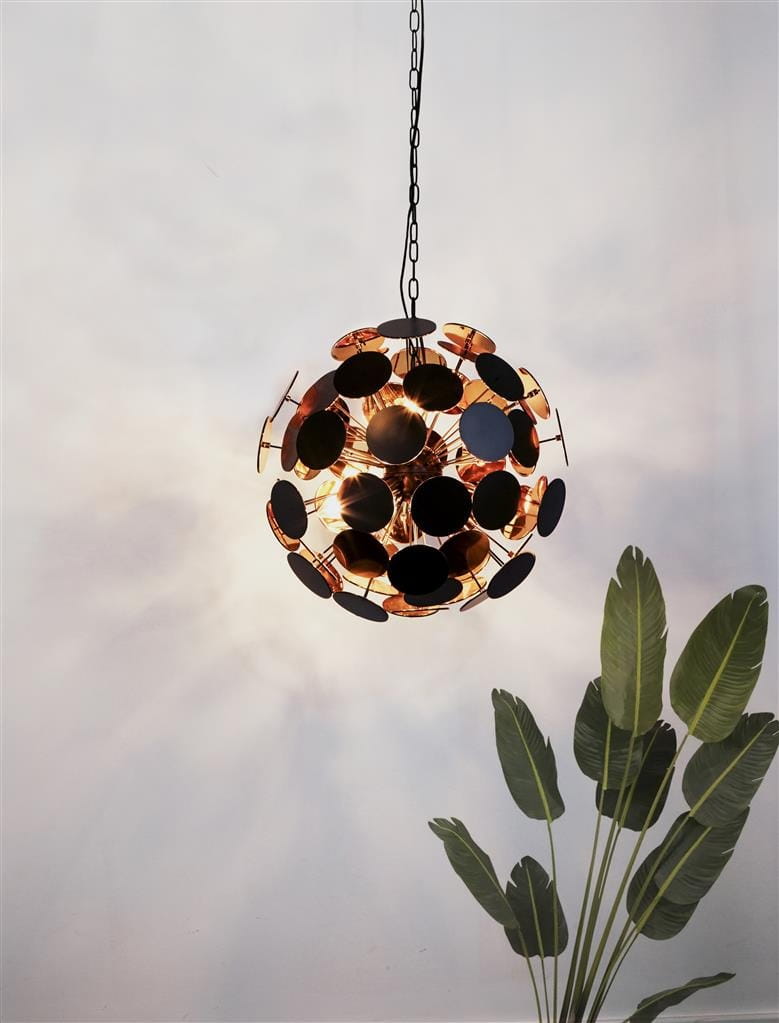 Lampa wisząca Discus 6-punktowa w kolorze czarnym, z kulistym kloszem ozdobionym metalowymi dyskami. Zawieszona na łańcuchu, w otoczeniu zielonych liści rośliny, na jasnym tle. Idealna do nowoczesnych wnętrz.