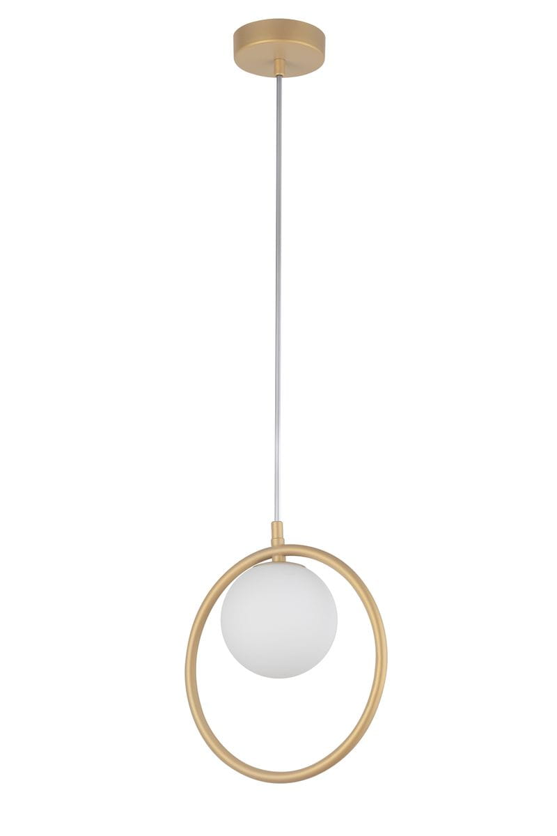 Lampa wisząca Aqua 1-punktowa w kolorze złotym, z okrągłym, białym kloszem zawieszona na cienkim, metalowym przewodzie. Klosz umieszczony w złotym okręgu, w prostym, nowoczesnym stylu.