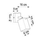 Biały kinkiet Merida 1-punktowy SL.0095 o wymiarach 16 cm x 8 cm, z prostokątną podstawą i zaokrąglonym kloszem. Klosz ma wysokość 10 cm i szerokość 6 cm, zamontowany na ruchomym ramieniu. Produkt widoczny w perspektywie bocznej.