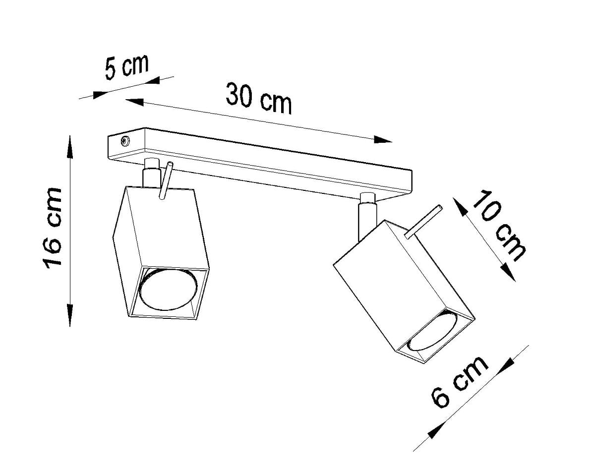 Czarna lampa sufitowa Merida z dwiema ruchomymi oprawami, o wymiarach 30 cm długości, 16 cm wysokości i 10 cm szerokości. Prosta, kwadratowa konstrukcja montowana do sufitu, z możliwością kierowania światła.