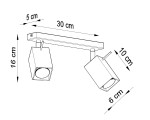 Czarna lampa sufitowa Merida z dwiema ruchomymi oprawami, o wymiarach 30 cm długości, 16 cm wysokości i 10 cm szerokości. Prosta, kwadratowa konstrukcja montowana do sufitu, z możliwością kierowania światła.