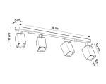 Czarna lampa sufitowa Merida, 4-punktowa, z prostokątną metalową belką o długości 80 cm. Każdy z czterech punktów świetlnych ma kształt sześcianu, z wymiarami 10 cm x 6 cm, umieszczony na wysokości 16 cm. Wysokość uchwytu 5 cm.