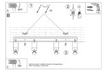 Czarna lampa sufitowa Merida, 4-punktowa, z regulowanymi reflektorami. Ujęcie frontalne, montaż na ścianie. Widoczne mocowania, detale techniczne oraz instrukcje użytkowania. Prosta konstrukcja, idealna do oświetlenia przestrzeni wewnętrznych.